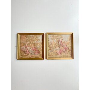 Pair of Vintage Antique French Pastoral Silk Aubusson Tapestry Wall Art Artwork